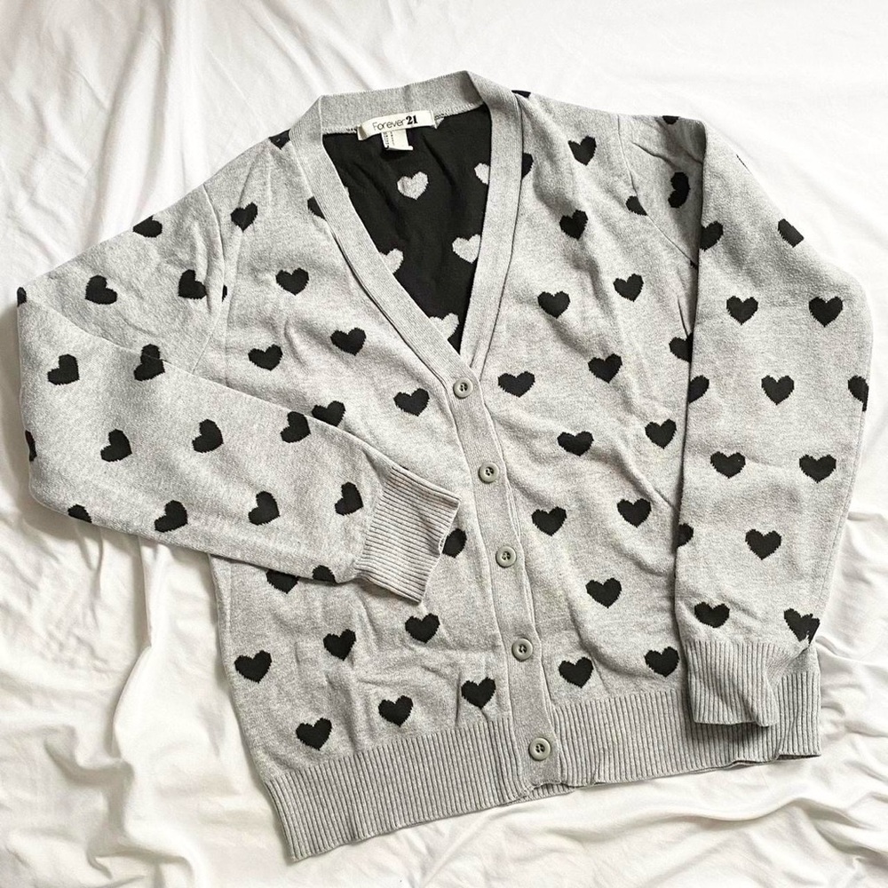 Forever 21 Grey Cardigan with Black Hearts